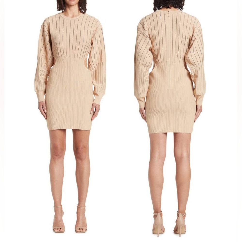 HERVE LEGER Cutout Shadow Stripe Body-Con Mini Dress in Sesame